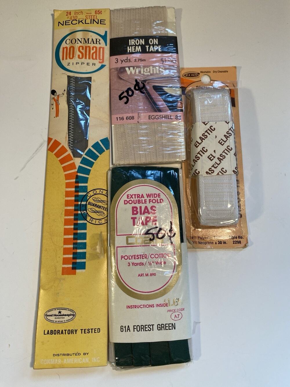 Vintage Sewing Lot ConMar Zipper Elastic Bias Tape Hemming Tape